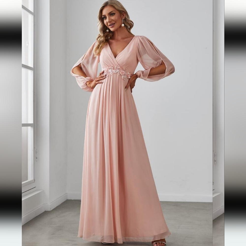 Elegant Chiffon V-Neckline Long Sleeve Formal Evening Dress - Picture 10 of 16